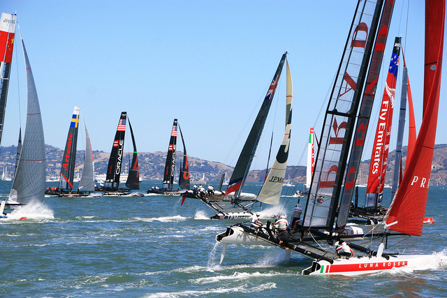 Boats gybing right off the breakwater